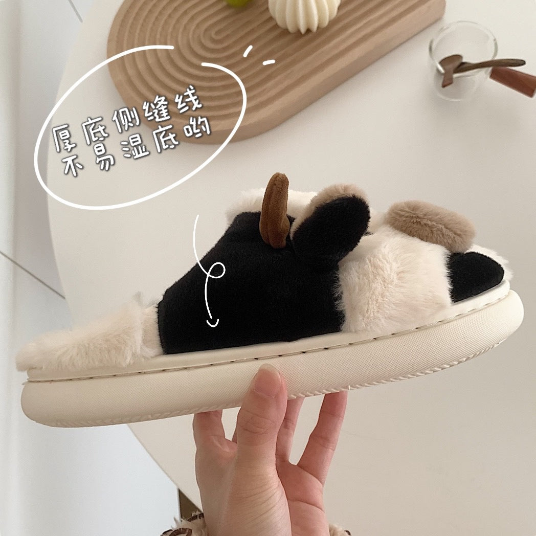 Female winter new soft cute cow cotton slippers Korean version of students fashionable home warm soft sole hair hair shoes