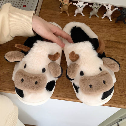 Female winter new soft cute cow cotton slippers Korean version of students fashionable home warm soft sole hair hair shoes